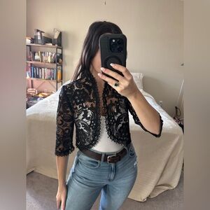 Jones New York petite little black eyelet lace caplet bolero cardigan size PS